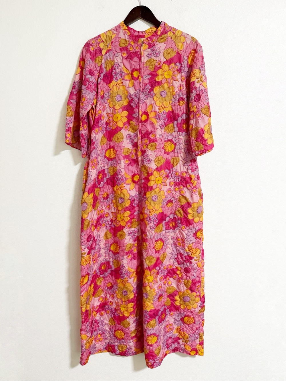 Vintage 60s Millay Floral Retro Mod Robe Housecoat Pink Size S